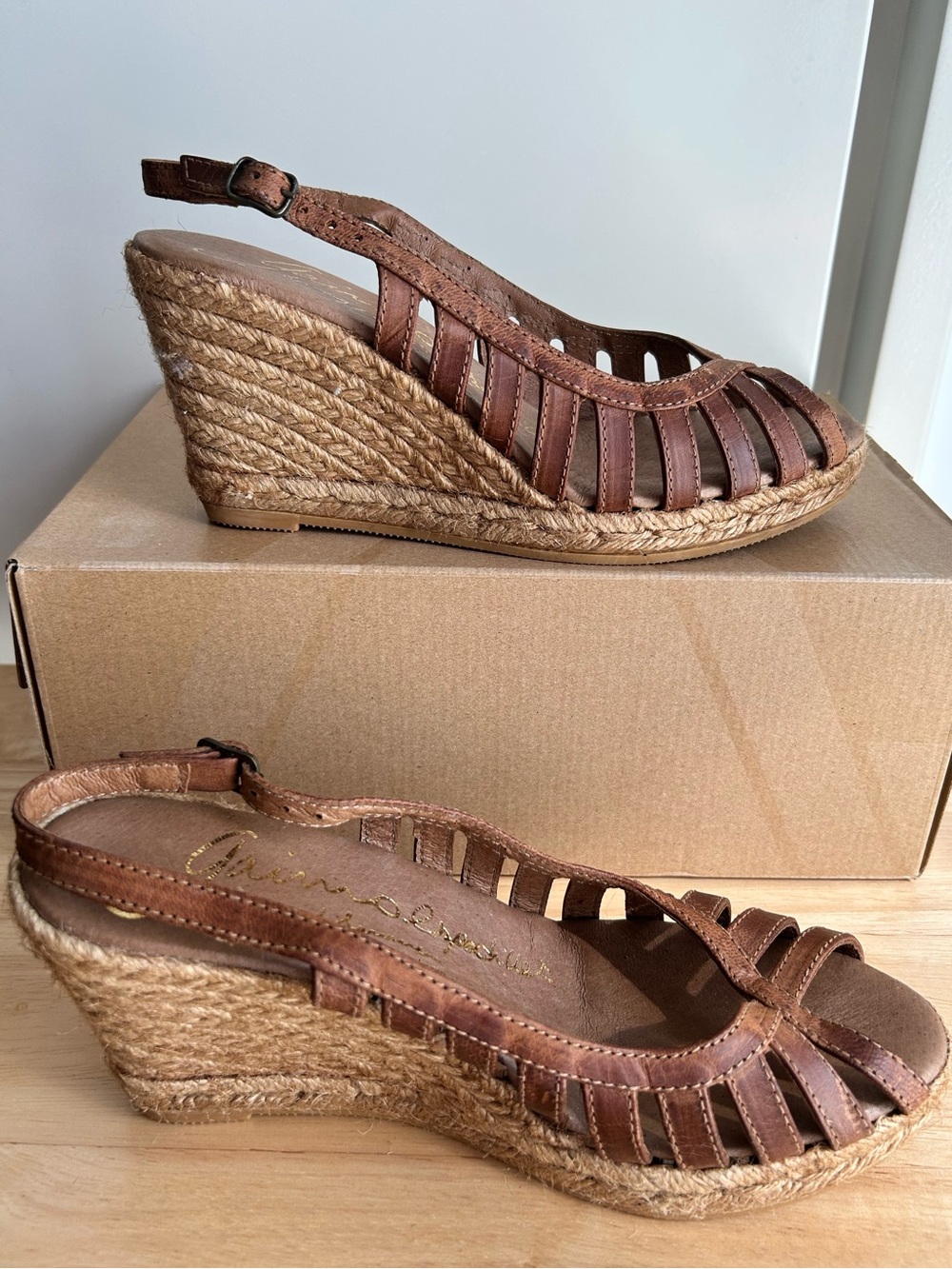 Chic Gaimo Espadrille Leather Wedge Peep Toe Sandals, Bronze Leather Size 39